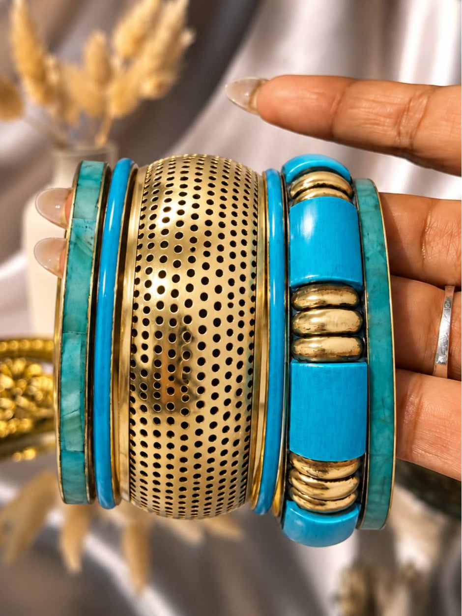 Turquoise Gold-Tone Brass Bangle Stack for Women