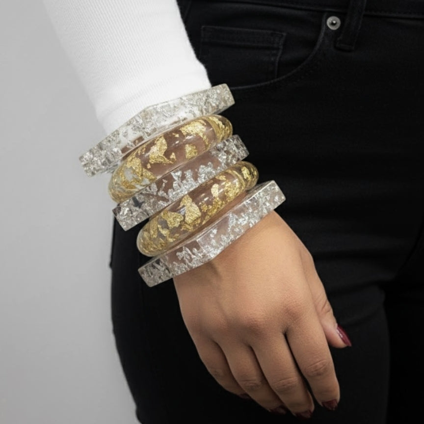 Luxury Gold Flake & Silver Foil Clear Resin Bangle Stack