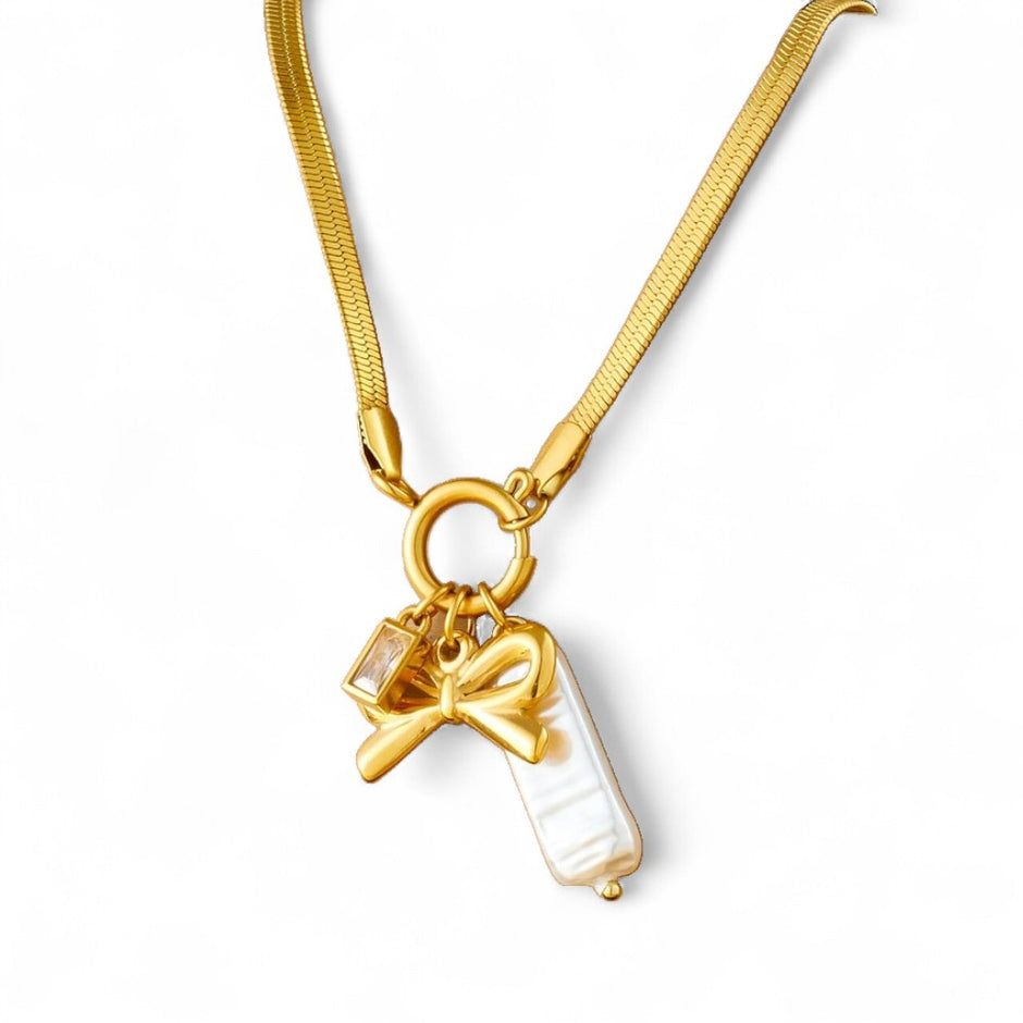 Golden Bowknot Zircon Pearl Charm Pendant Necklace