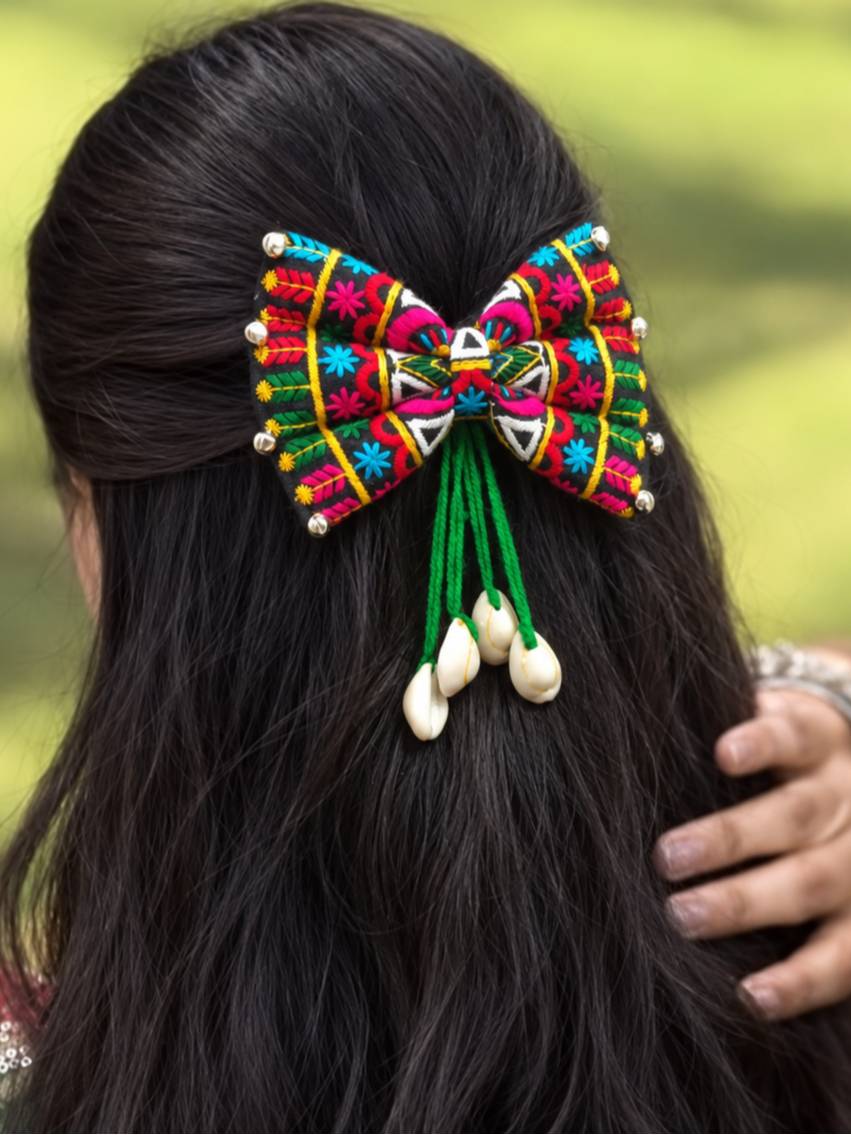 Embroidered Fabric Bow Hair Clip with Cowrie Shells