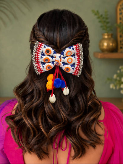 Mirror Work Bow Hair Clip With Pom-Pom & Cowrie
