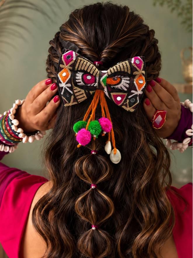 Embroidered Mirror Work Bow Hair Clip for Women