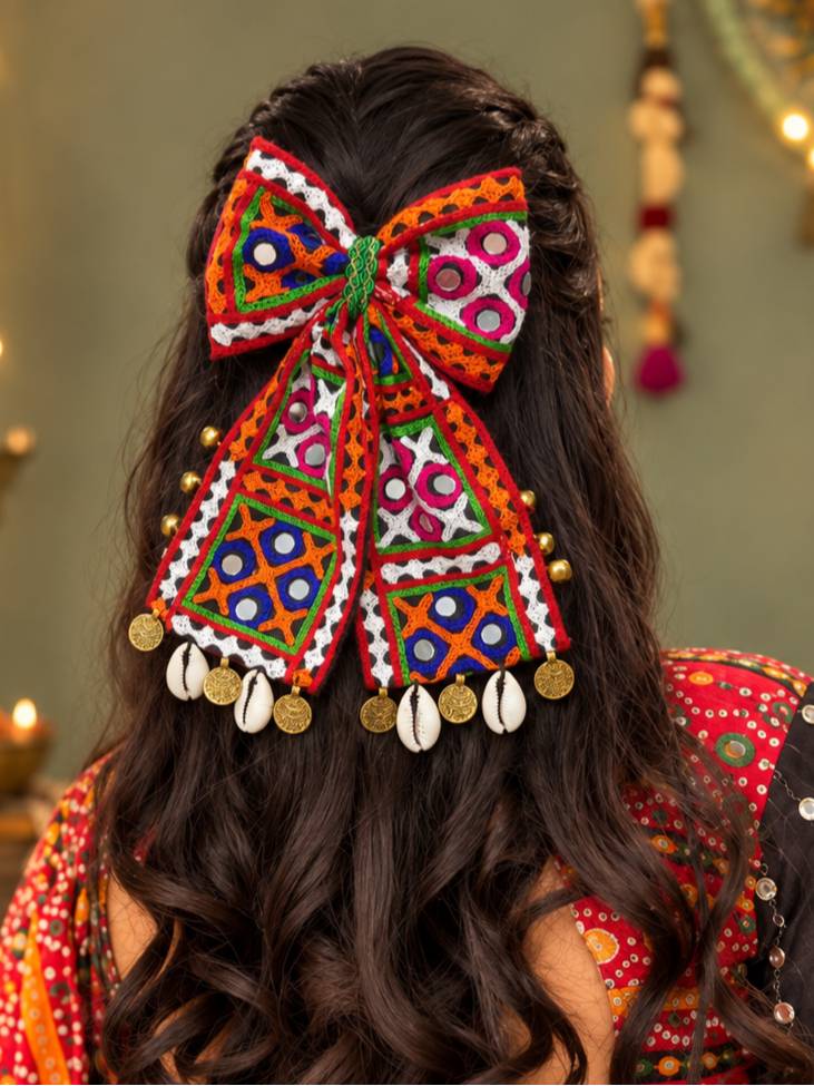 Mirror Work Embroidered Bow Hair Clip for Women