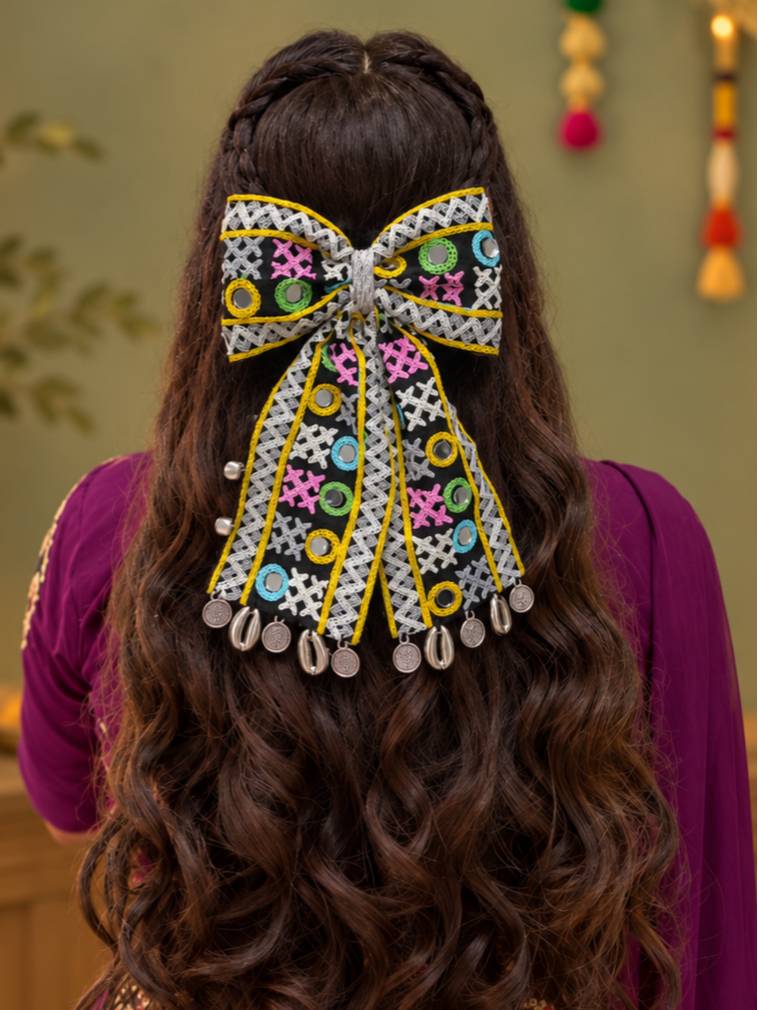 Embroidered Fabric Bow Hair Clip with Mirror Work