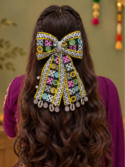 Embroidered Fabric Bow Hair Clip with Mirror Work