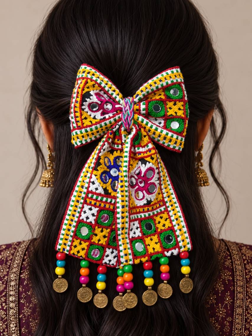 Embroidered Mirror Work Hair Bow Clip for Women
