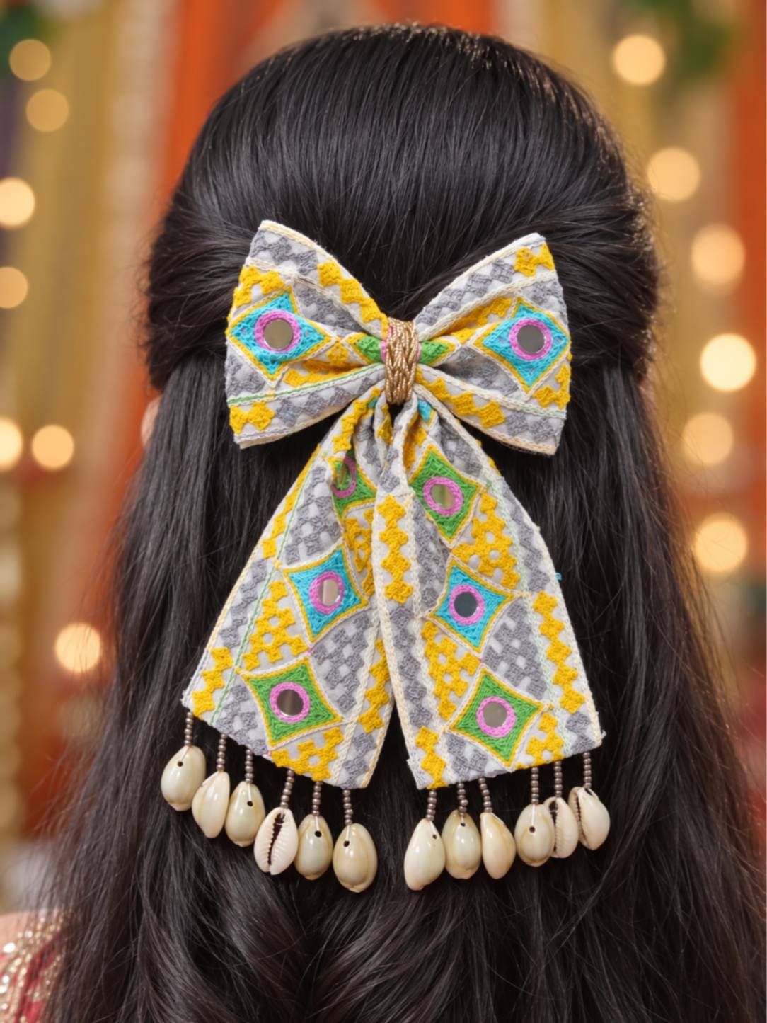 Mirror Work Embroidered Bow Hair Clip with Cowrie Shells