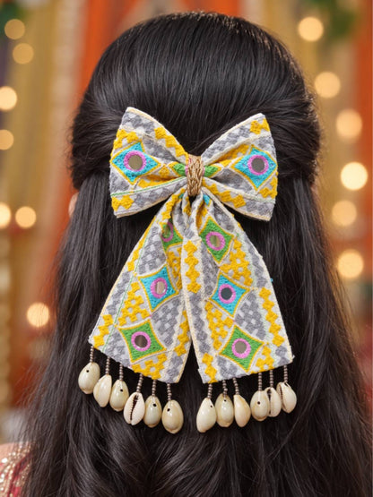 Mirror Work Embroidered Bow Hair Clip with Cowrie Shells