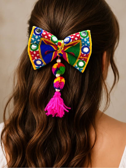 Mirror Work Embroidered Bow Hair Clip With Tassel