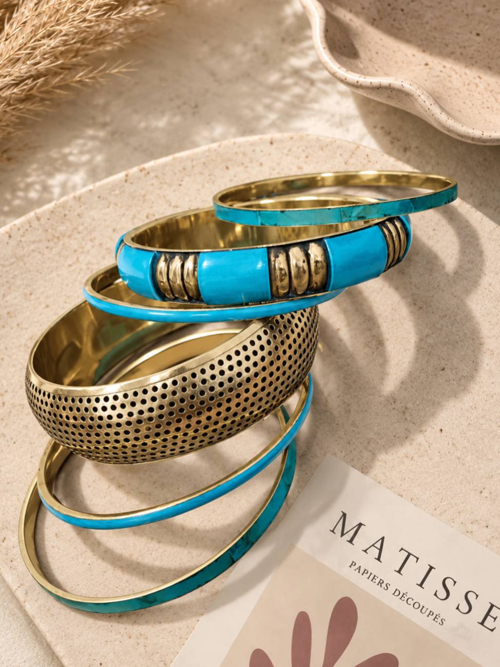Turquoise Gold-Tone Brass Bangle Stack for Women