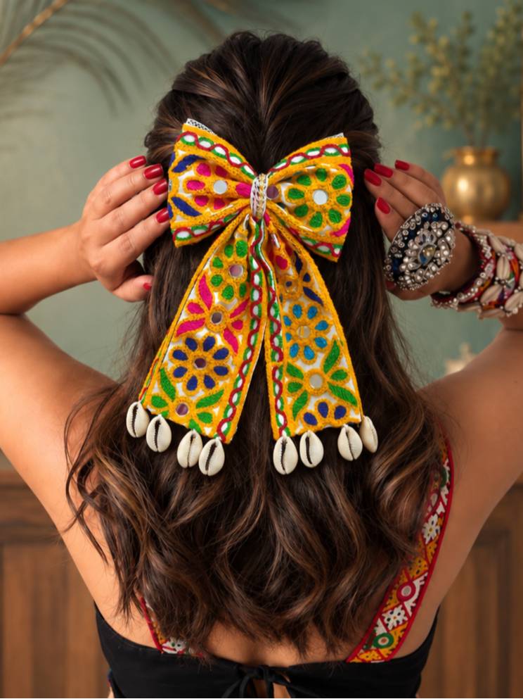 Embroidered Mirror Work Hair Bow Clip with Cowrie Shells