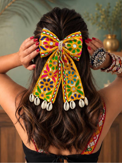 Embroidered Mirror Work Hair Bow Clip with Cowrie Shells