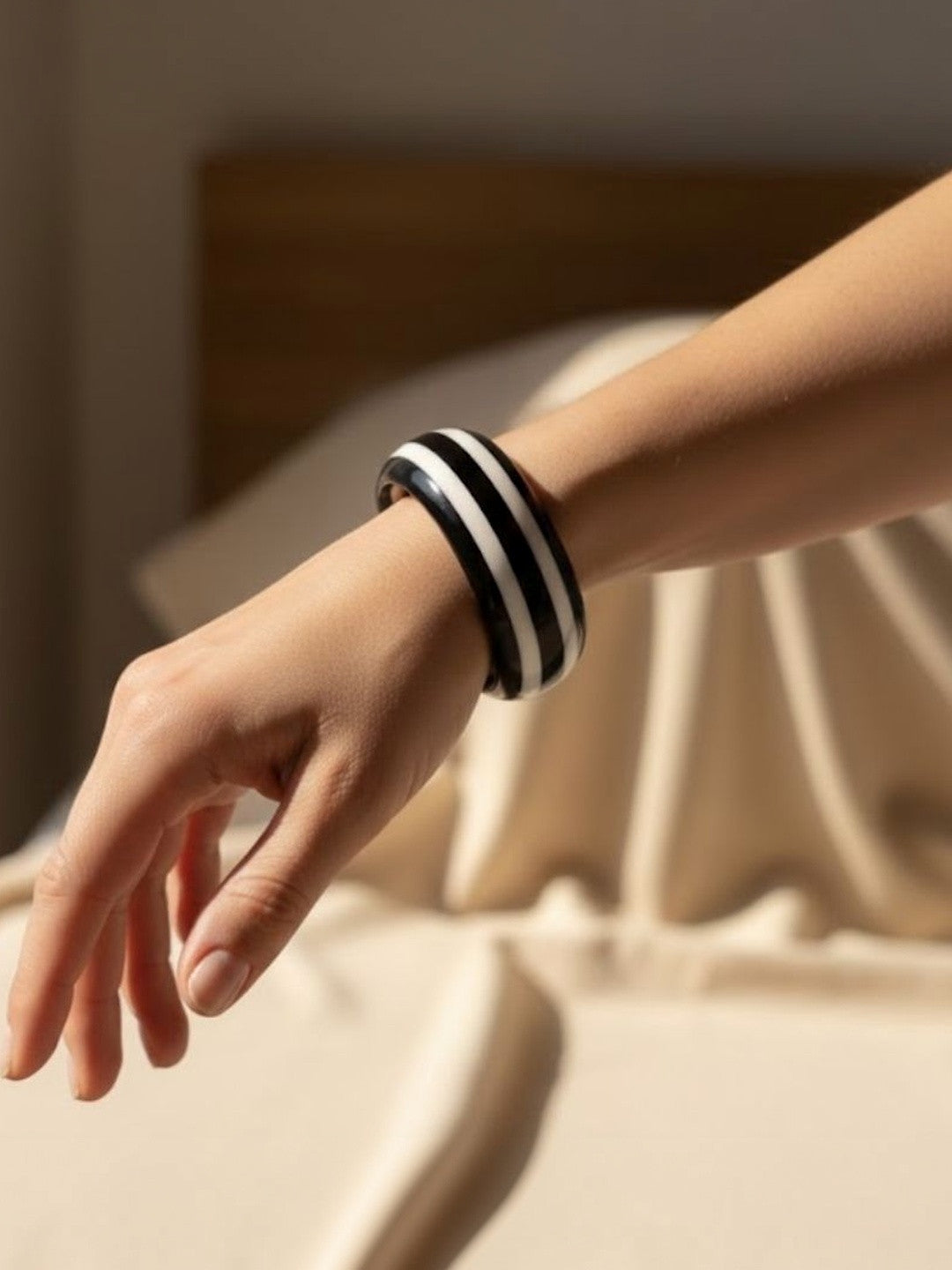 Black White Striped Resin Bangle for Women - Single piece