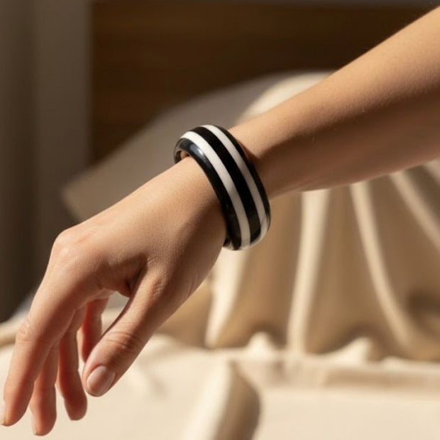 Black White Striped Resin Bangle for Women - Single piece