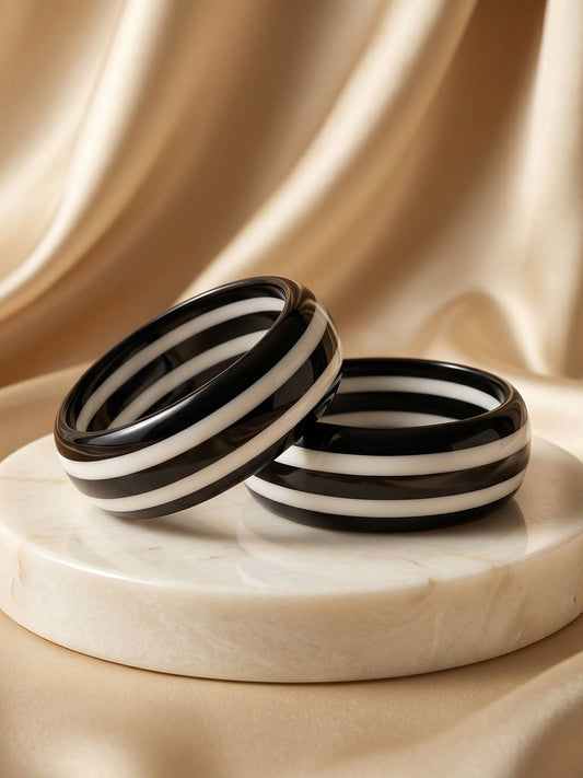 Black White Striped Resin Bangles for Women - Set of 2