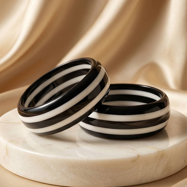 Black White Striped Resin Bangles for Women - Set of 2