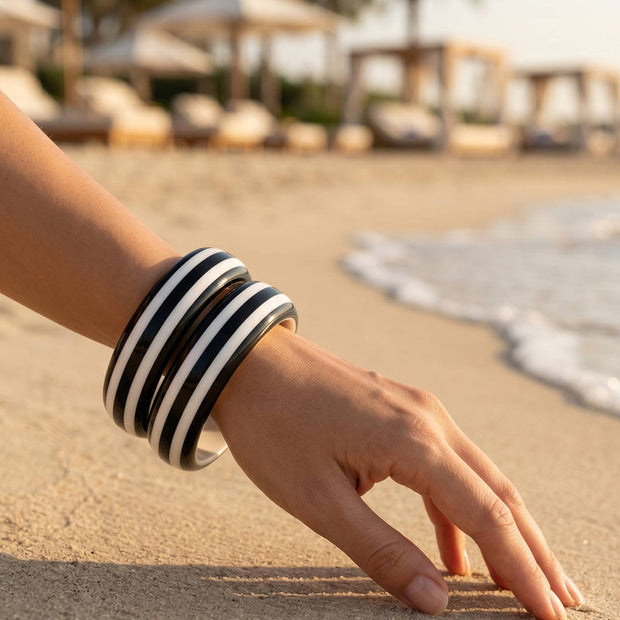 Black White Striped Resin Bangles for Women - Set of 2