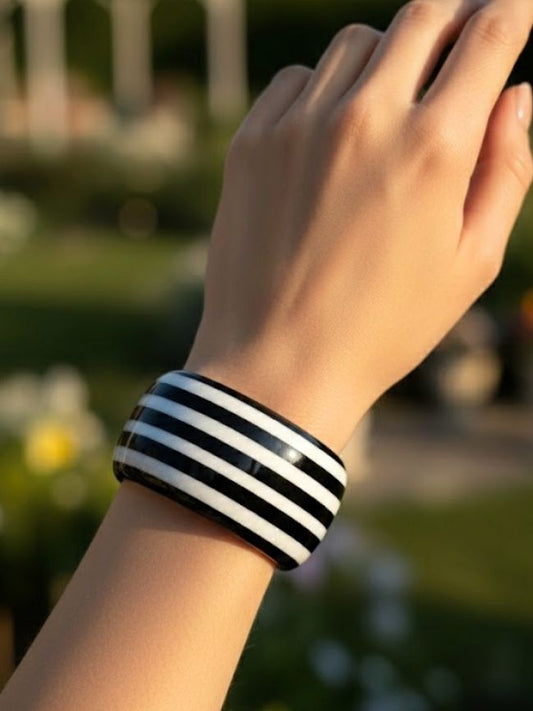 Black White Striped Resin Bangle for Women