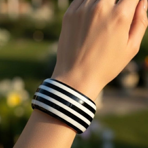 Black White Striped Resin Bangle for Women