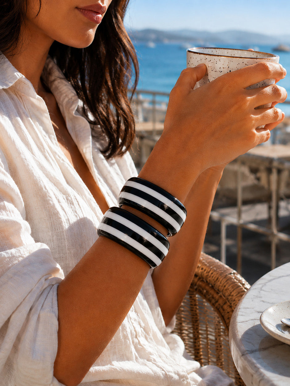 Black White Striped Resin Bangles for Women - Pack of 2