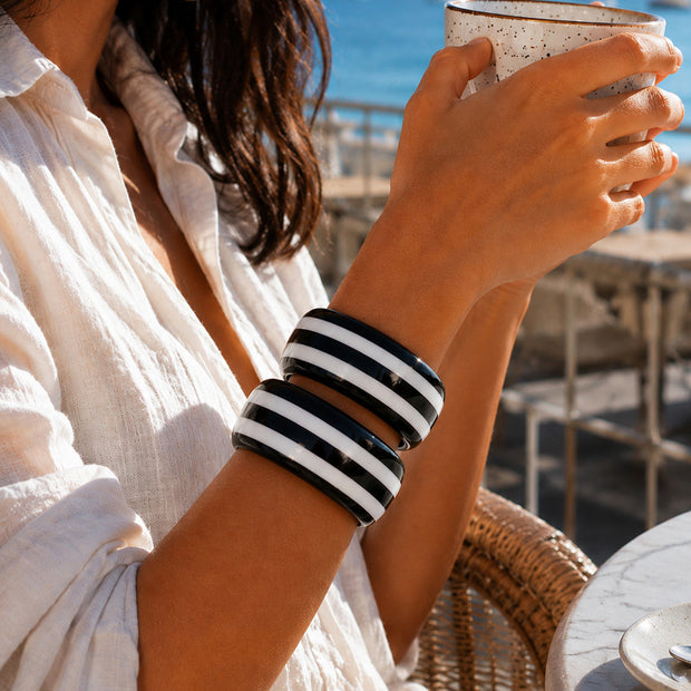 Black White Striped Resin Bangles for Women - Pack of 2