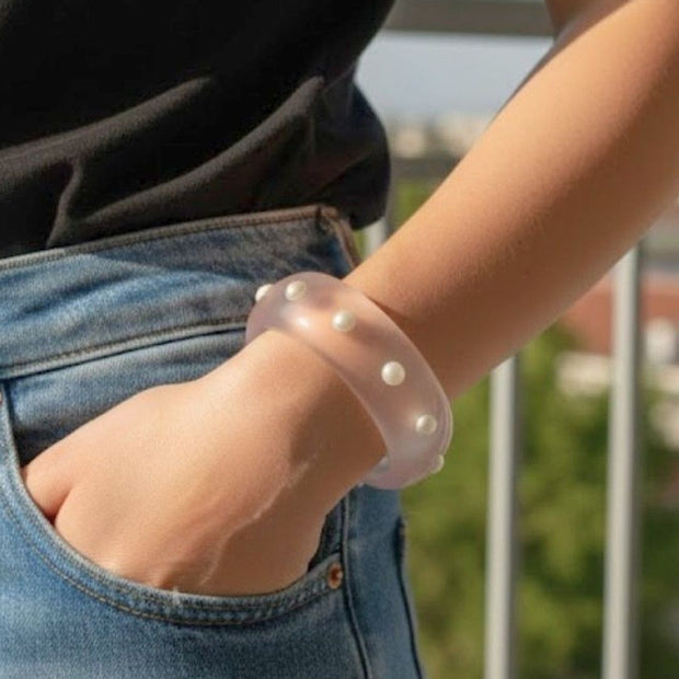 Frosted Resin Pearl Stud Bangle for Women - Pair of 2