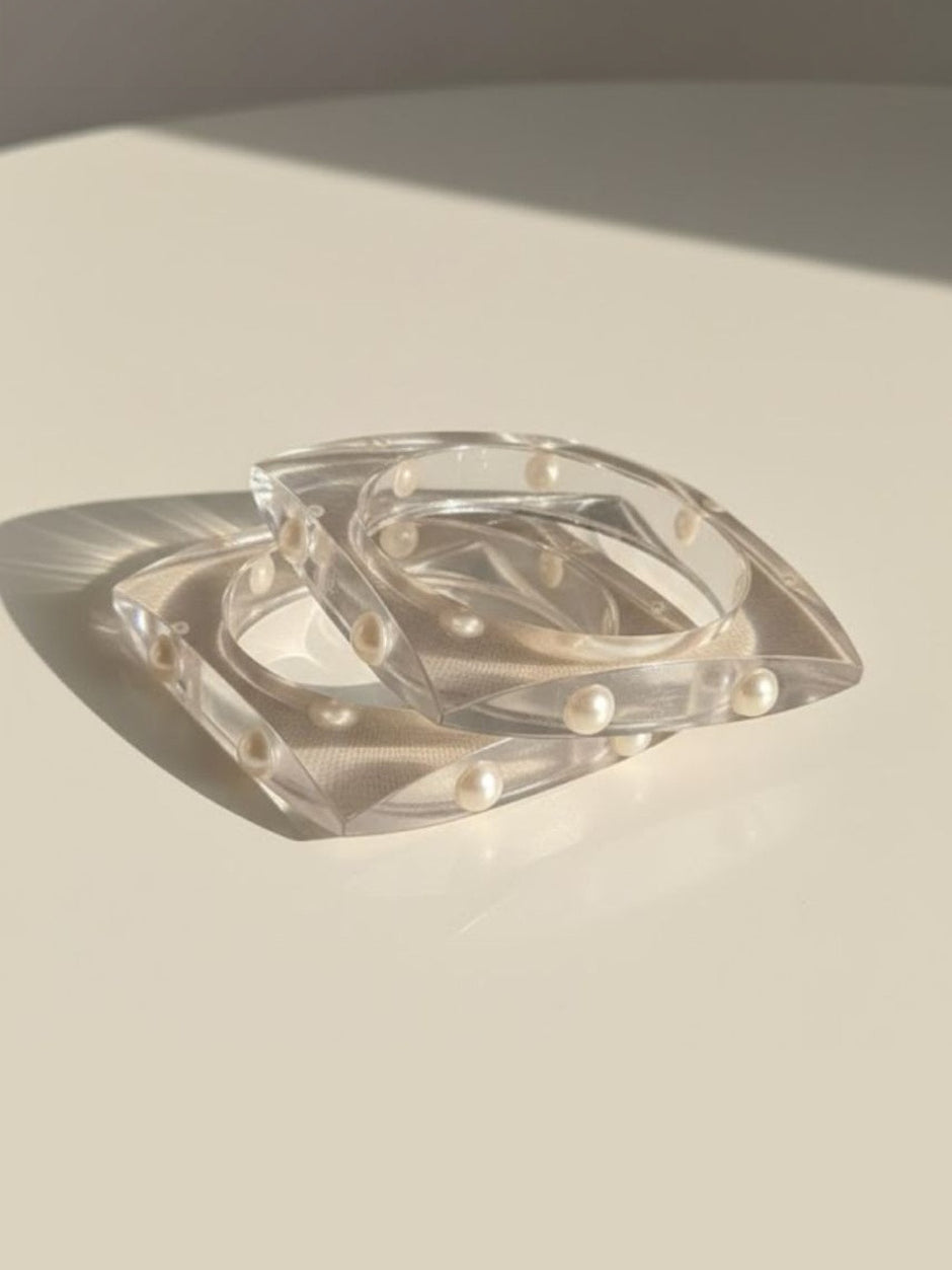 Clear Acrylic Pearl Bangle Bracelet for Women - Pair of 2