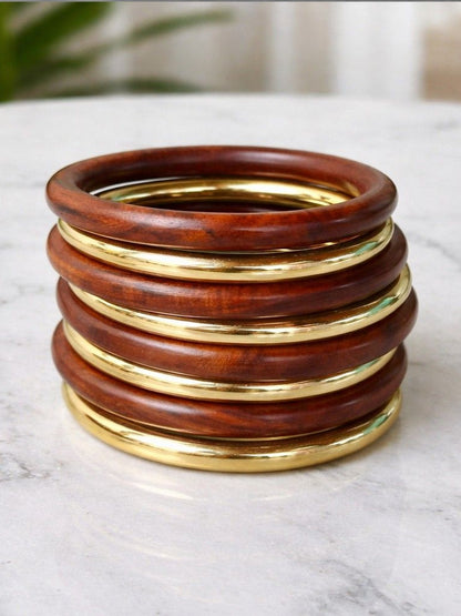Gold-Toned Wood & Metal Bangle Set of 8