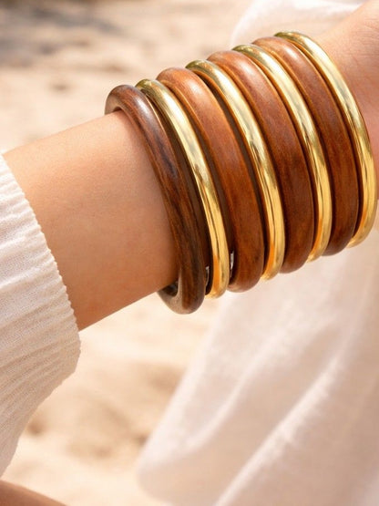 Gold-Toned Wood & Metal Bangle Set of 8