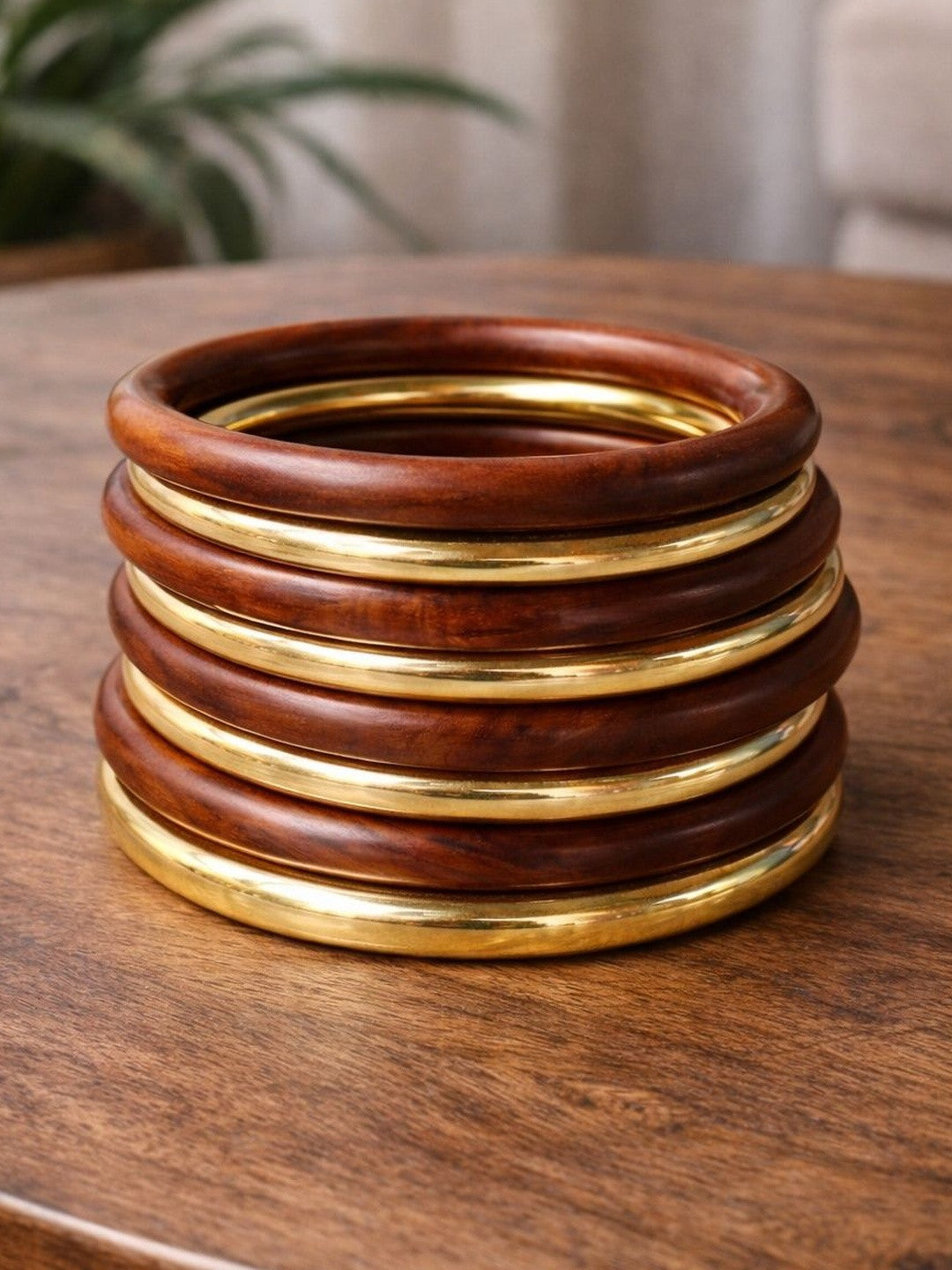 Gold-Toned Wood & Metal Bangle Set of 8