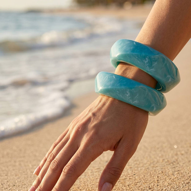 Teal Marble Resin Bangles for Women - Set of 2
