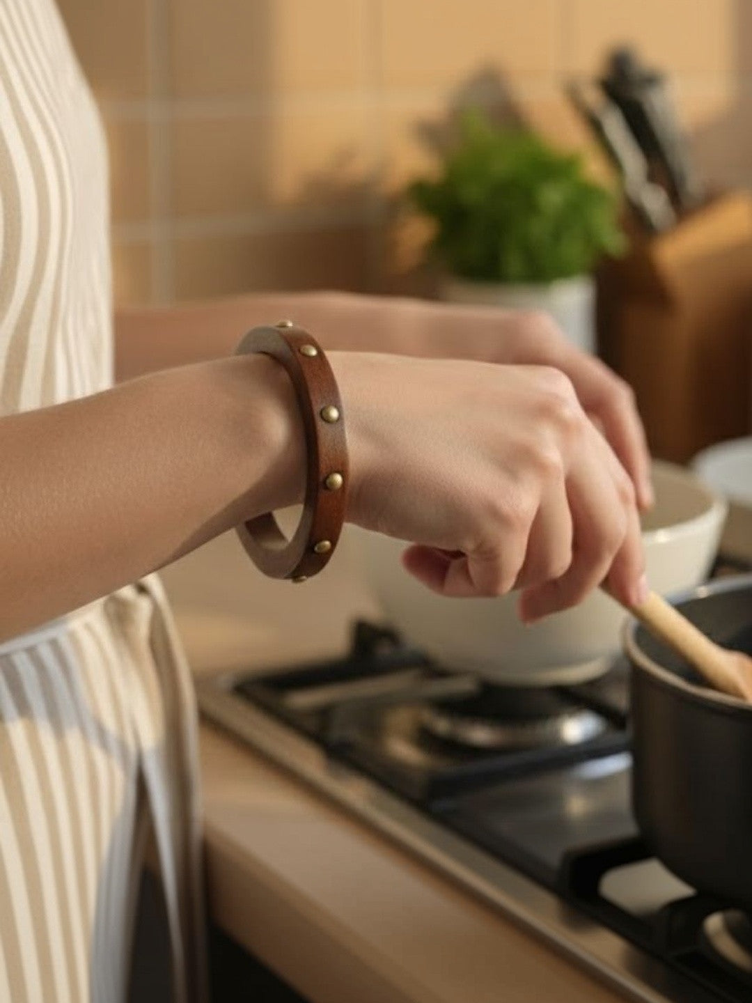 Brown Leather Brass Stud Bangles for Women - Pair of 2