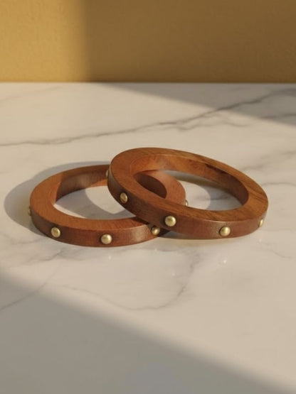 Brown Leather Brass Stud Bangles for Women - Pair of 2