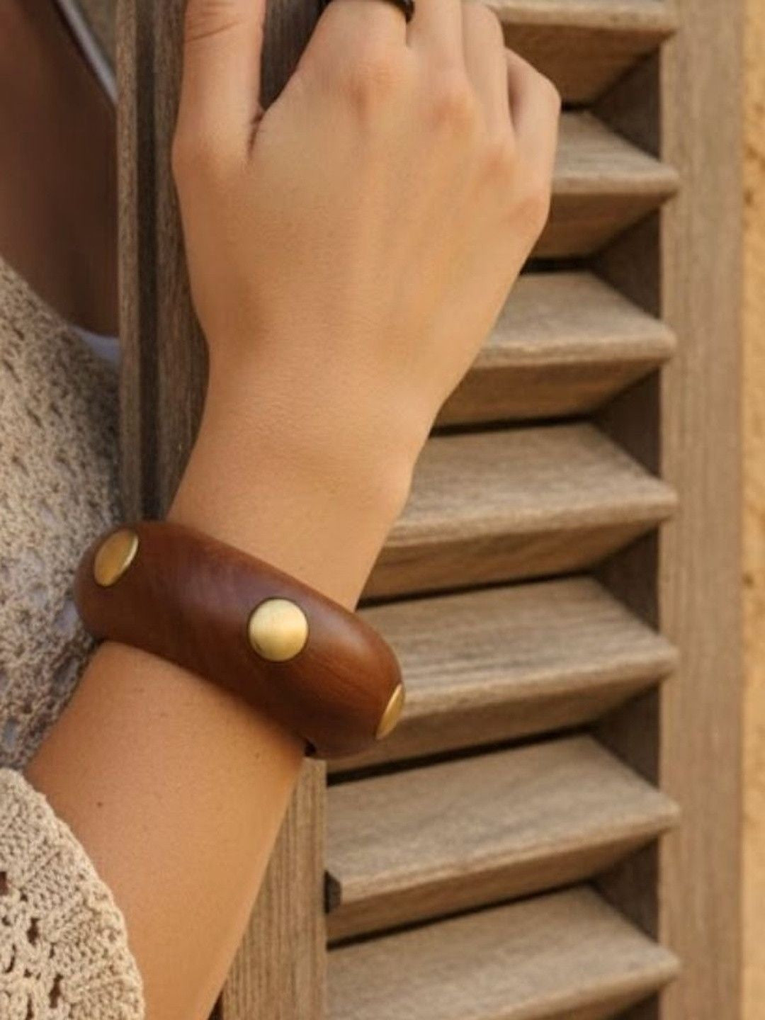 Wood Bangle with Gold-Tone Studs for Women - Pair of 2
