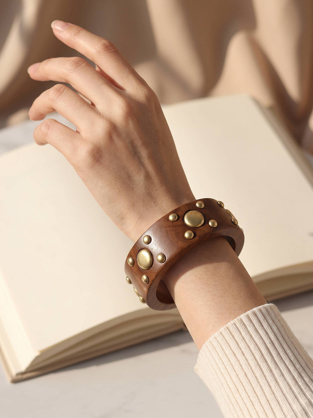 Antique Gold Studded Wooden Cuff Bangle for Women - pair of 2