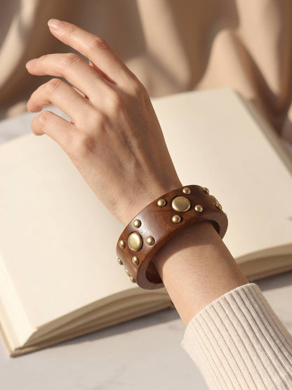 Antique Gold Studded Wooden Cuff Bangle for Women - pair of 2