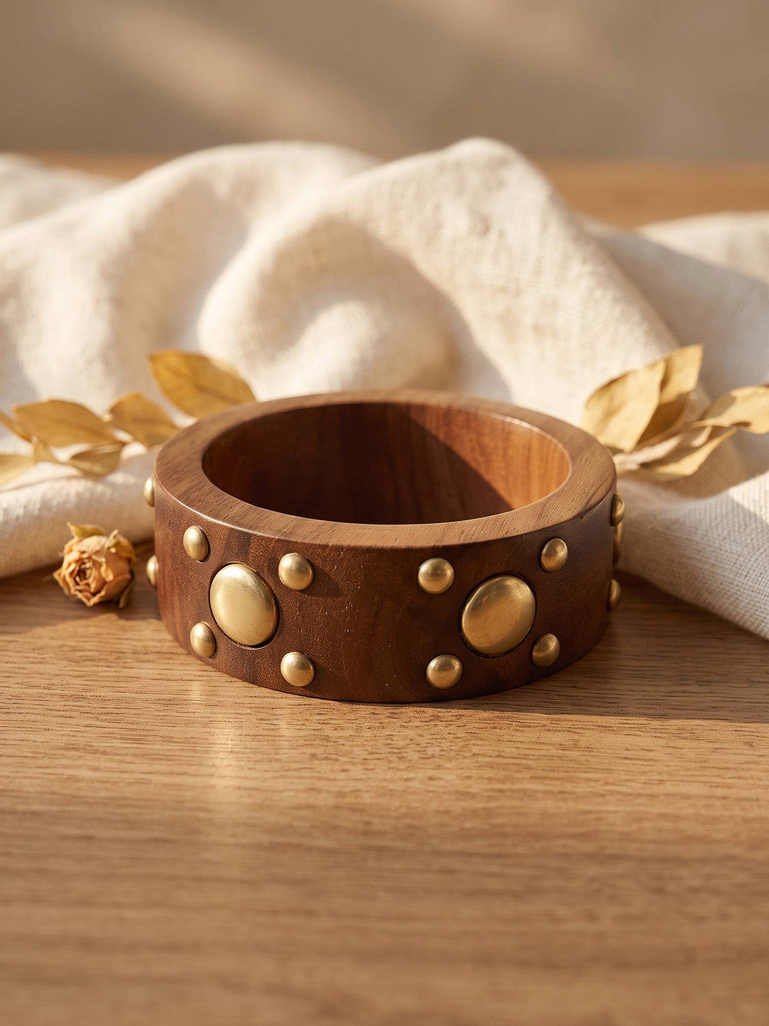 Antique Gold Studded Wooden Cuff Bangle for Women - pair of 2