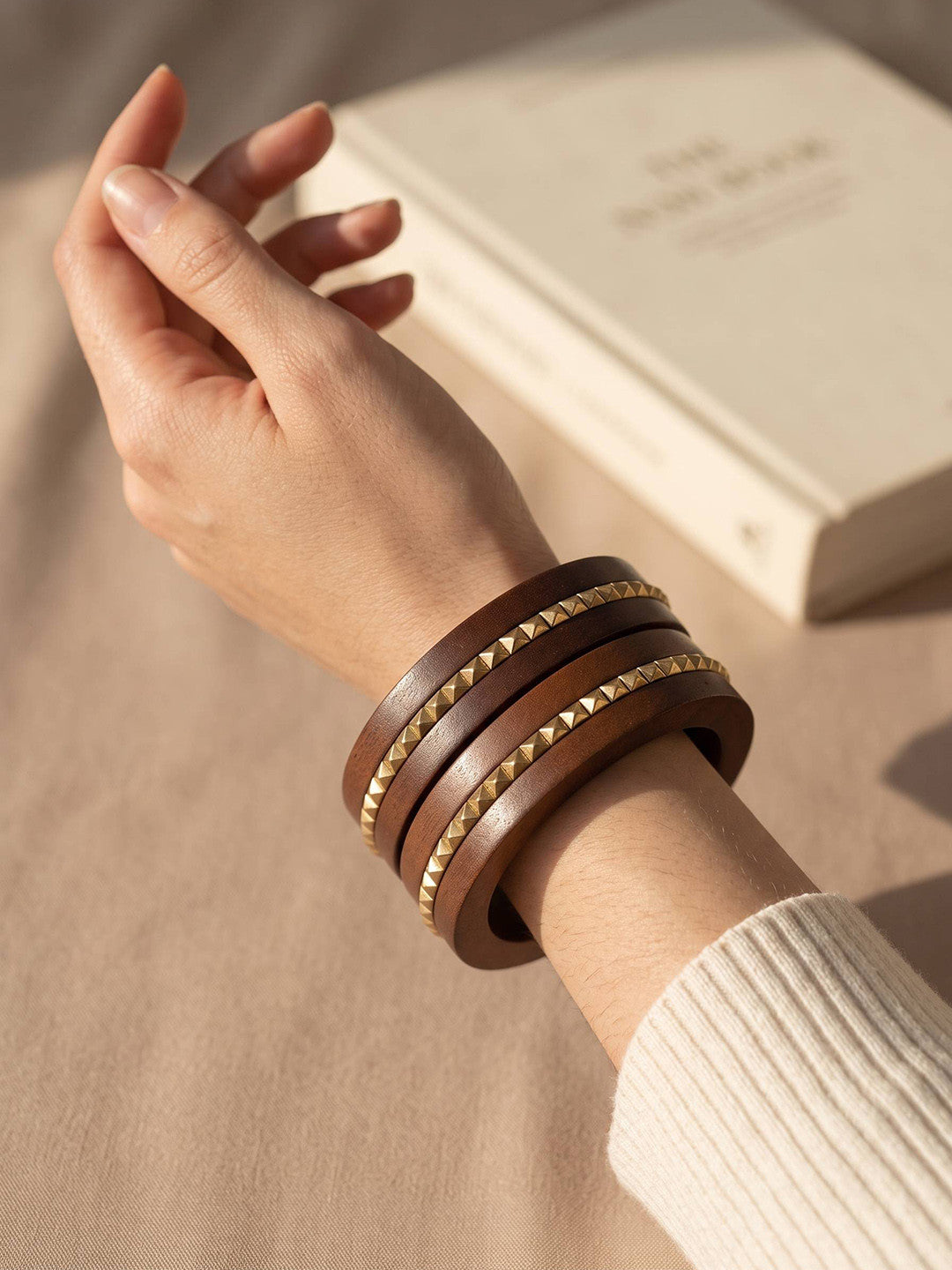 Gold-Studded Wooden Bangles for Women Set of 2