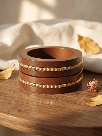 Gold-Studded Wooden Bangles for Women Set of 2