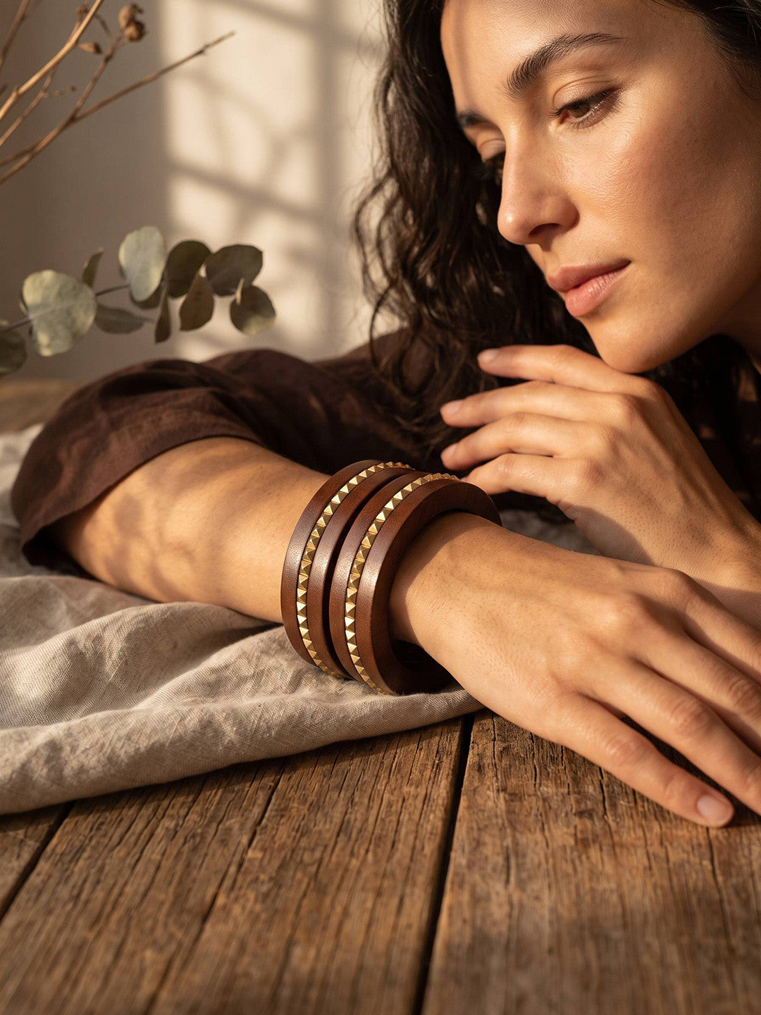 Gold-Studded Wooden Bangles for Women Set of 2