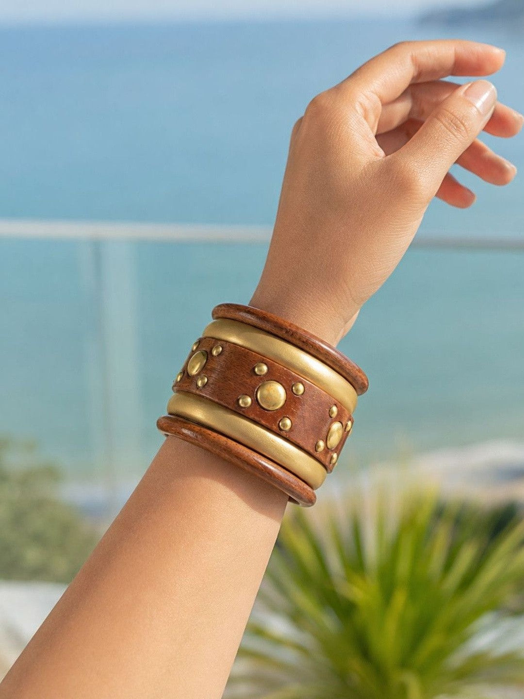 Gold-Tone Wood & Metal Stud Bangles Set of 5