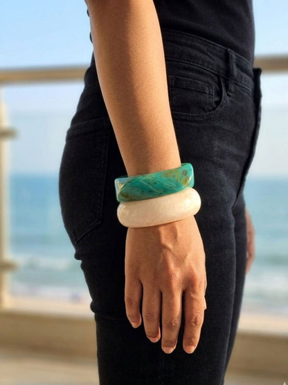 Teal & Ivory Marbled Resin Bangle Set of 2
