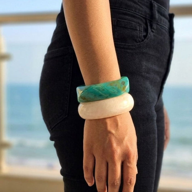 Teal & Ivory Marbled Resin Bangle Set of 2