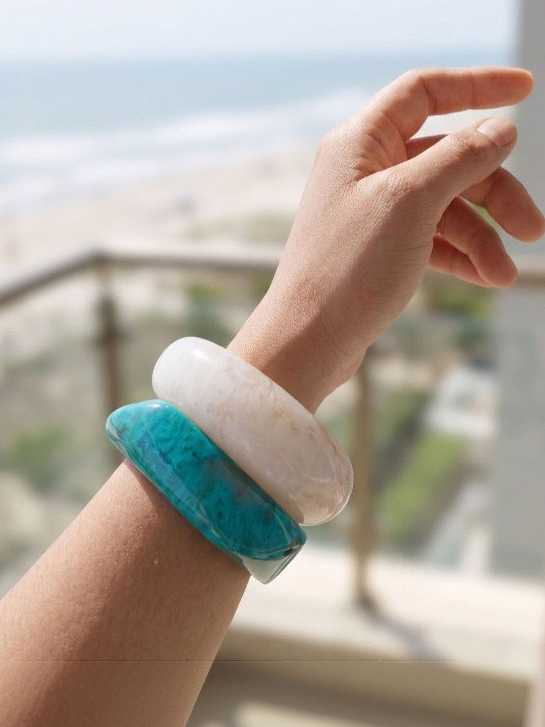 Teal & Ivory Marbled Resin Bangle Set of 2