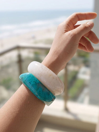 Teal & Ivory Marbled Resin Bangle Set of 2