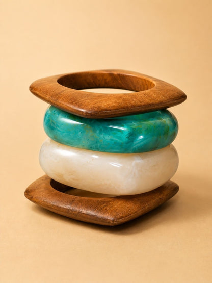 Wood & Resin Boho Bangles for Women Set of 4