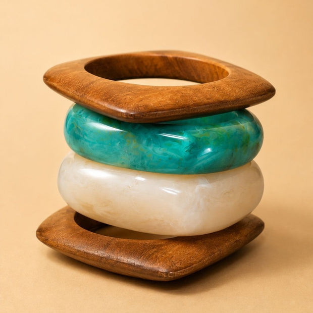 Wood & Resin Boho Bangles for Women Set of 4