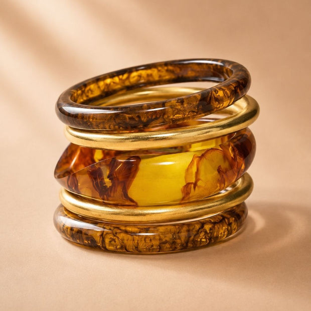 Amber Resin & Gold-Tone Bangles Set of 5