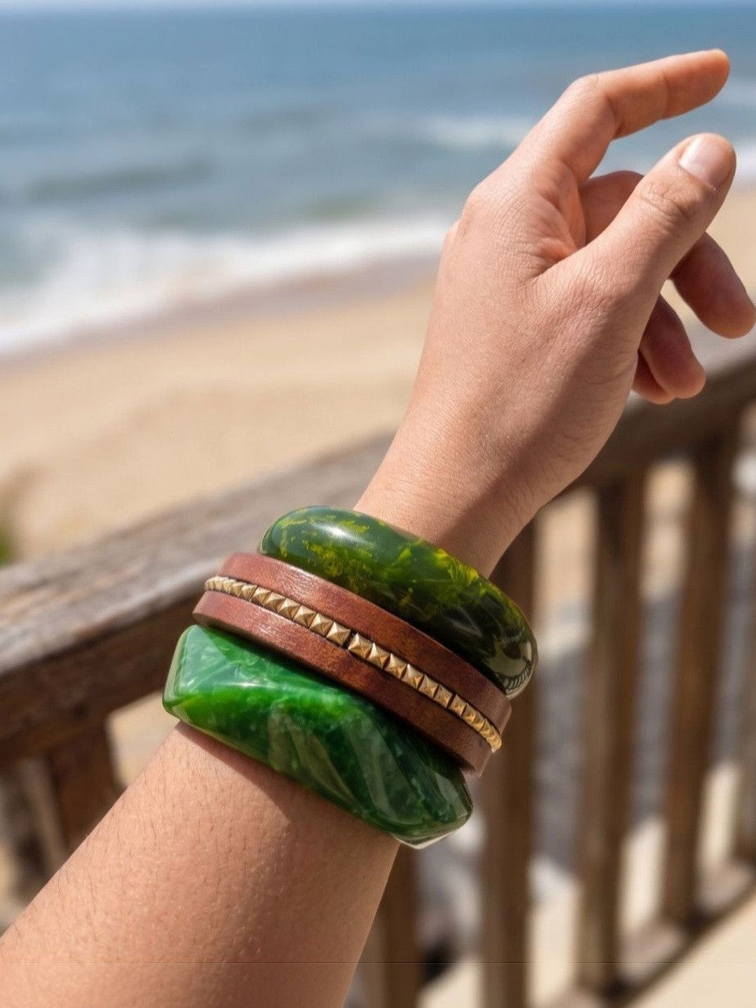 Green Marble Resin & Wood Bangle Set of 3