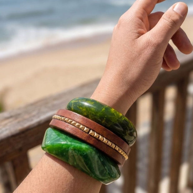 Green Marble Resin & Wood Bangle Set of 3
